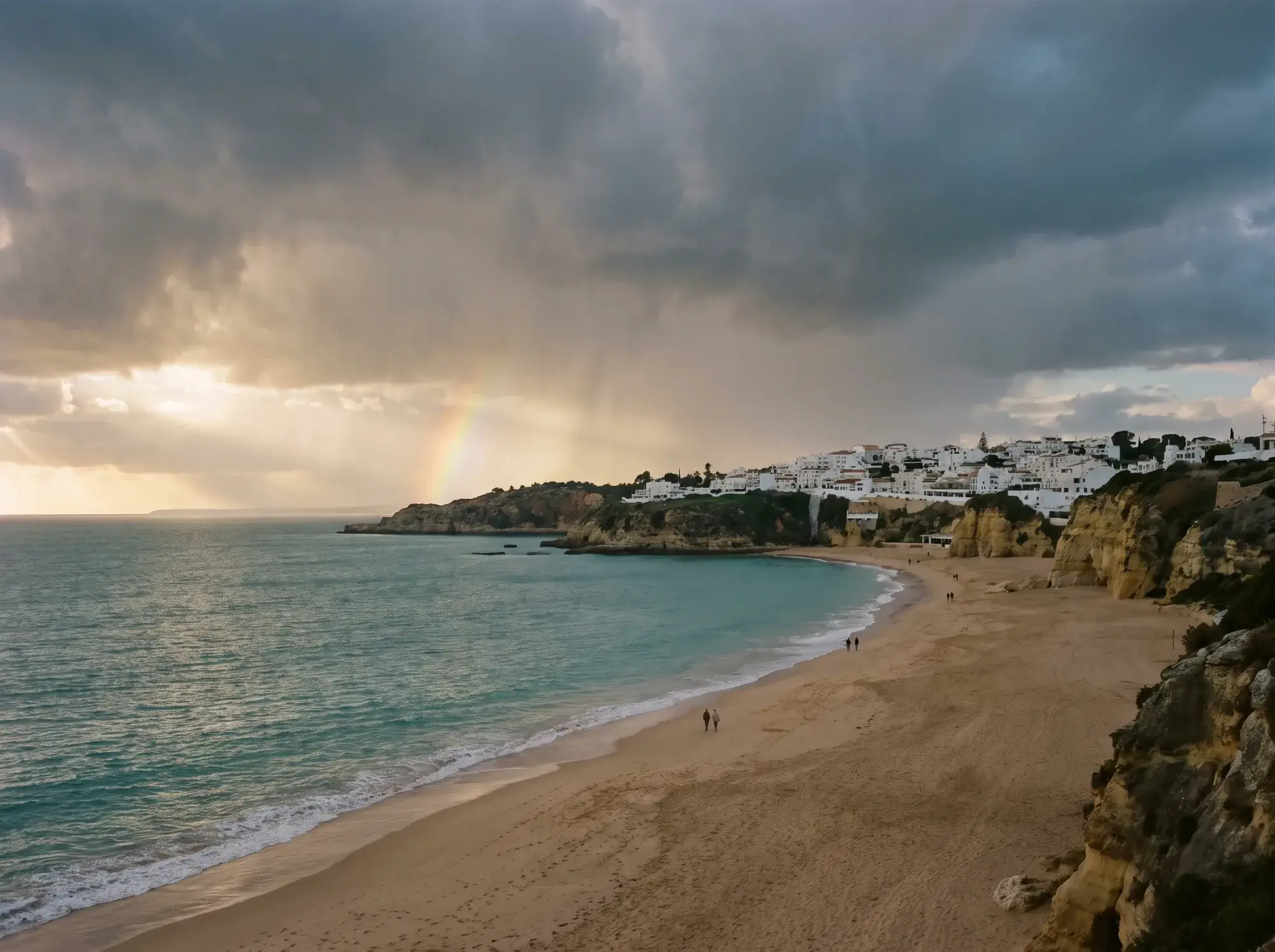 Illustrative image: rain clouds clearing over a long beach and a white town