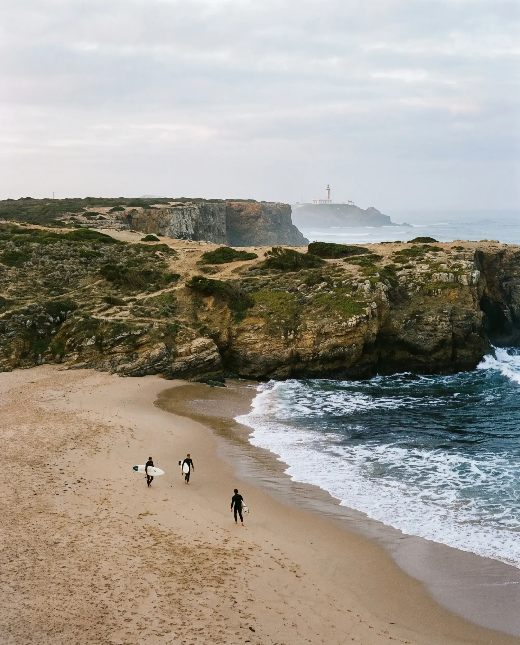 Illustrative image: surfers walking to the waves below high flat cliffs