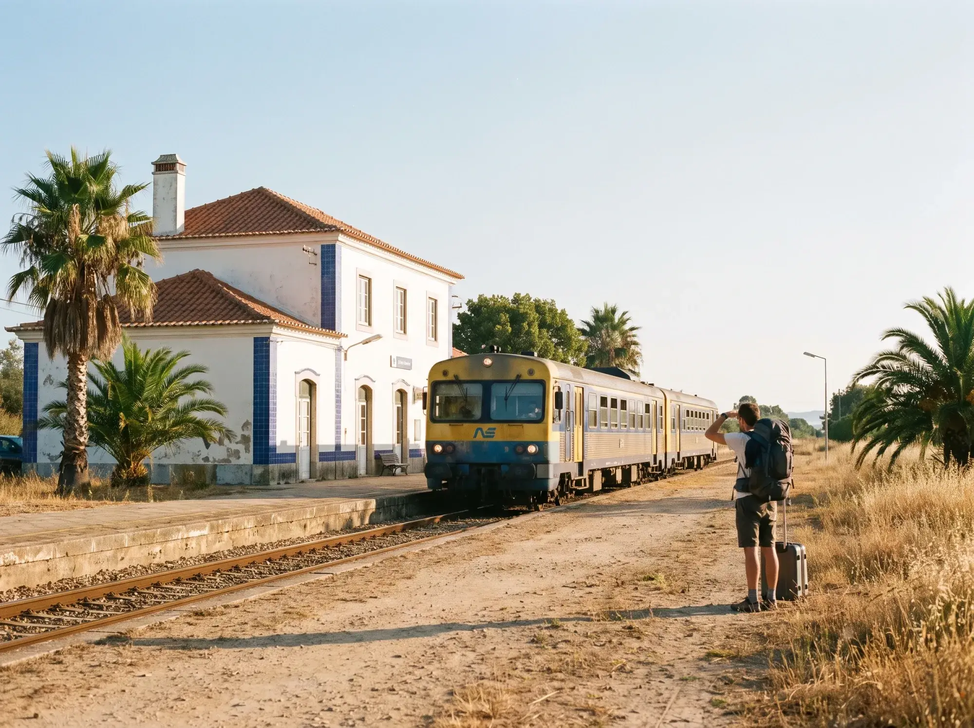Illustrative image: regional train arriving at a small whitewashed station with palm trees